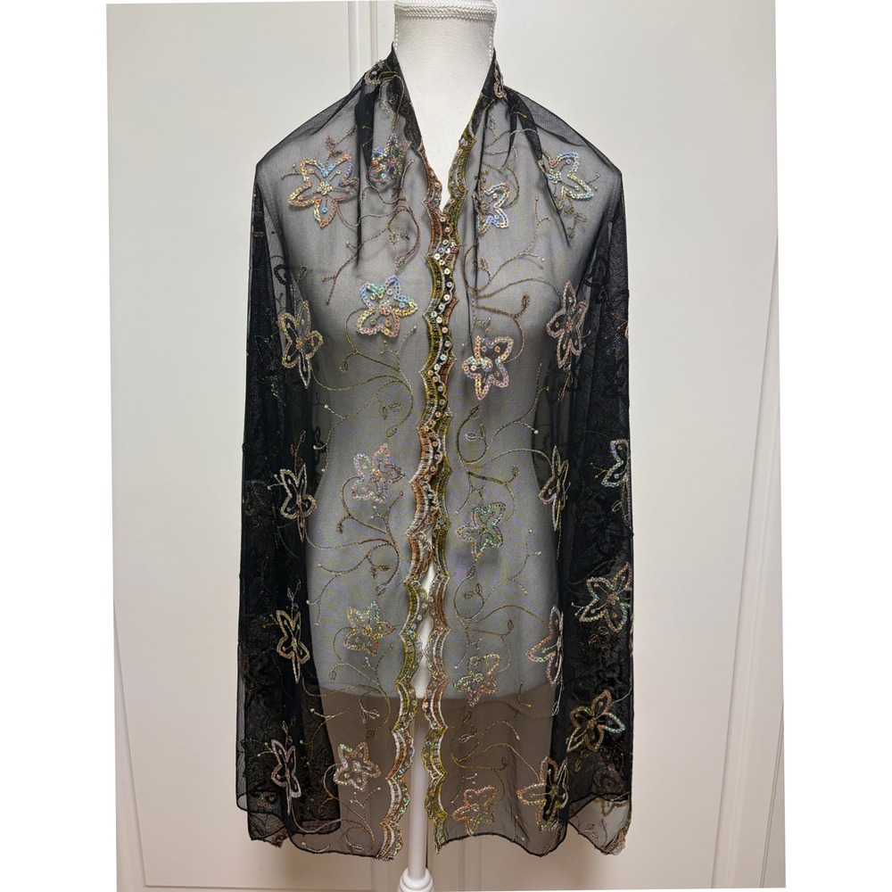 Vintage Style Black Sheer Floral Sequin Embroidered Scalloped Evening Wrap Shawl